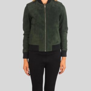 Damen grüne Suede Bomberjacke Frontansicht
