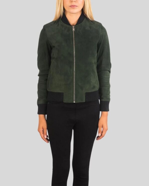 Damen grüne Suede Bomberjacke Frontansicht