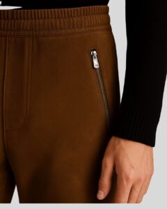 Detailansicht einer Herren Wildleder Joggerhose in Braun mit elastischem Bund und silbernem Zipper an der Tasche