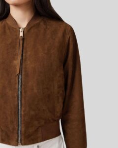 Damen Braune Suede Bomberjacke – Wildleder Detail mit Reißverschluss