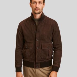 Herren Braune Suede Bomberjacke mit Knopfleiste, Stehkragen und Pattentaschen vorne