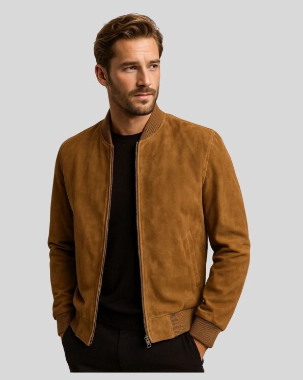 Herren Wildleder Bomberjacke Vorderansicht mit Reißverschluss und Kragen