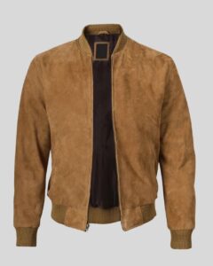 Herren Wildleder Bomberjacke in Hellbraun Vorderansicht offen getragen