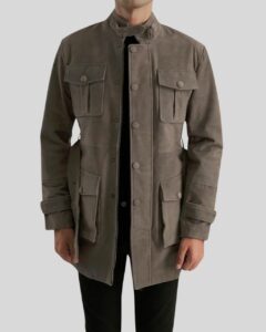 Herren Wildleder Fieldjacke Seitenansicht mit Gürtel und Taschen