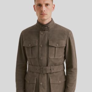 Herren Wildleder Fieldjacke in Grau mit Gürtel und Brusttaschen Vorderansicht
