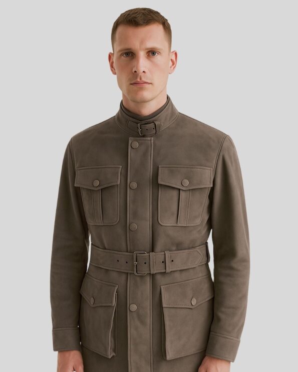 Herren Wildleder Fieldjacke in Grau mit Gürtel und Brusttaschen Vorderansicht