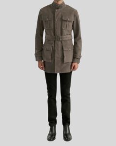 Herren Wildleder Fieldjacke in Grau mit Gürtel und vier Taschen Ganzkörperansicht