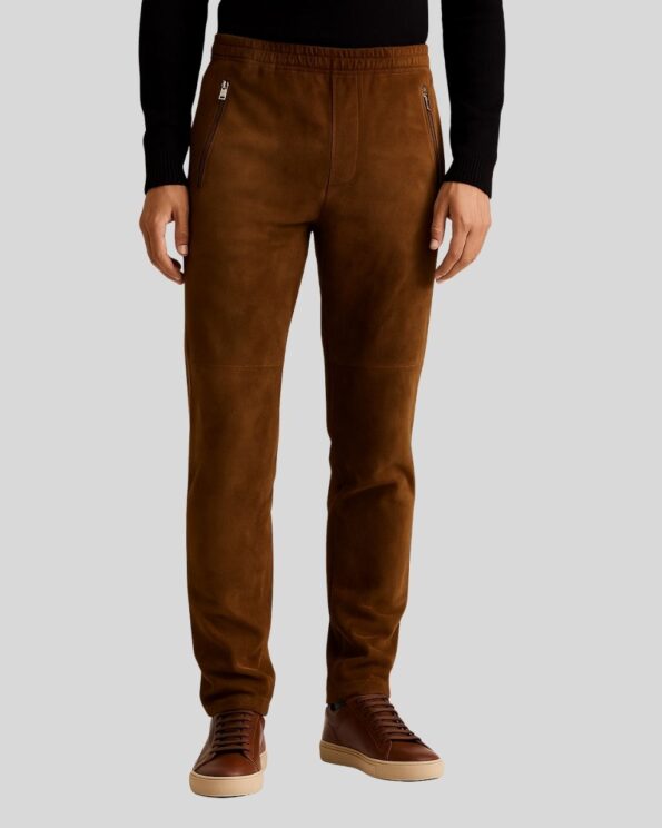 Herren Wildleder Joggerhose in Braun mit elastischem Bund und Zipper-Taschen, kombiniert mit schwarzen Pullover und Sneakers