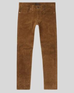 Herren braune Suede Hose Flatlay Frontansicht