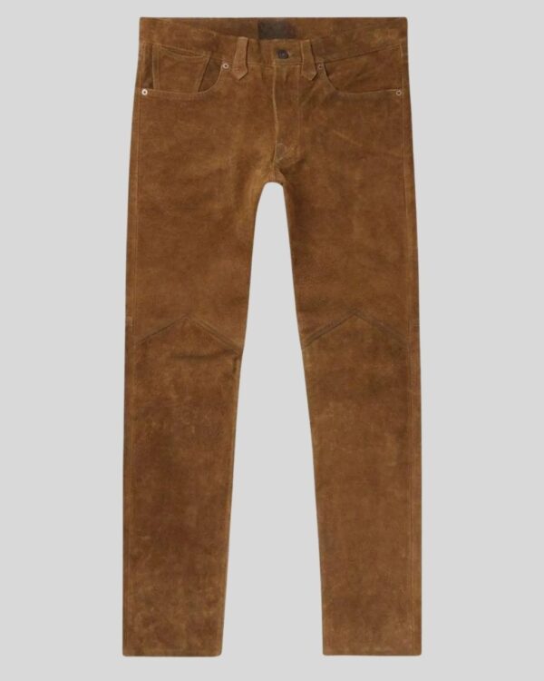 Herren braune Suede Hose Flatlay Frontansicht