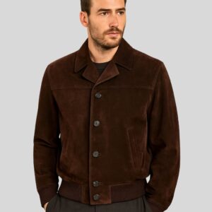 Herren dunkelbraune Suede Jacke Frontansicht getragen