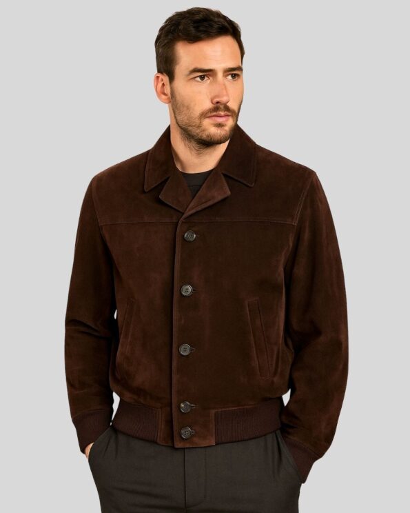 Herren dunkelbraune Suede Jacke Frontansicht getragen