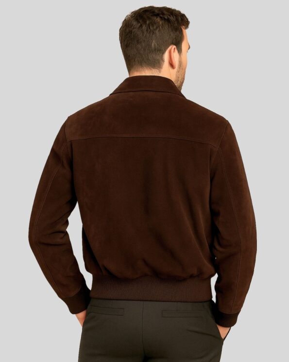 Herren dunkelbraune Suede Jacke Rückansicht getragen