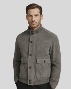 Herren graue Suede Jacke Frontansicht getragen