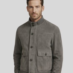 Herren graue Suede Jacke Frontansicht getragen