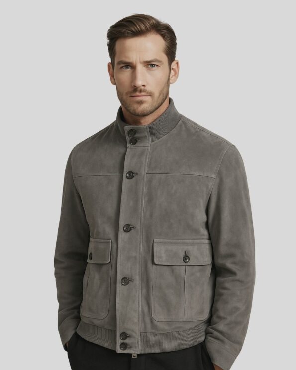 Herren graue Suede Jacke Frontansicht getragen