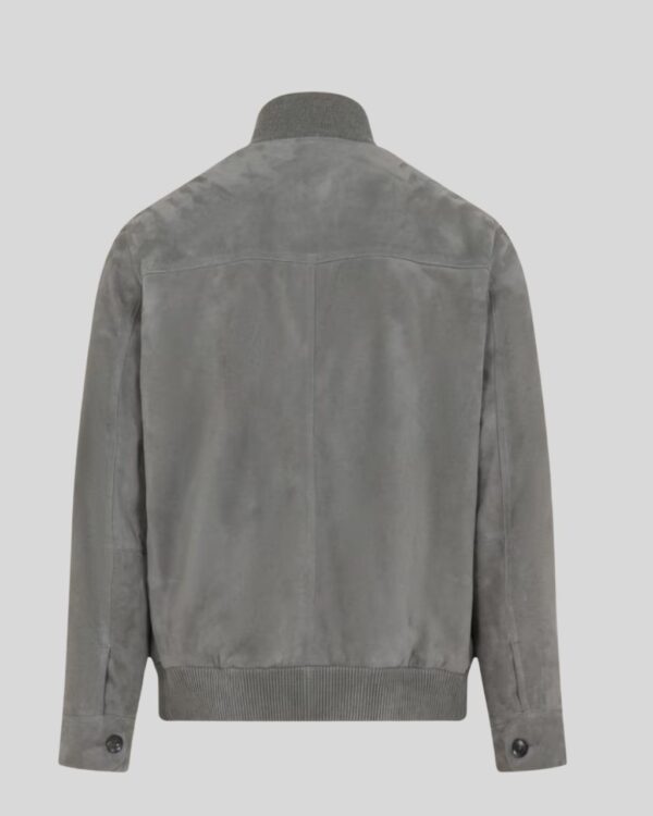 Herren graue Suede Jacke Rückansicht Flatlay