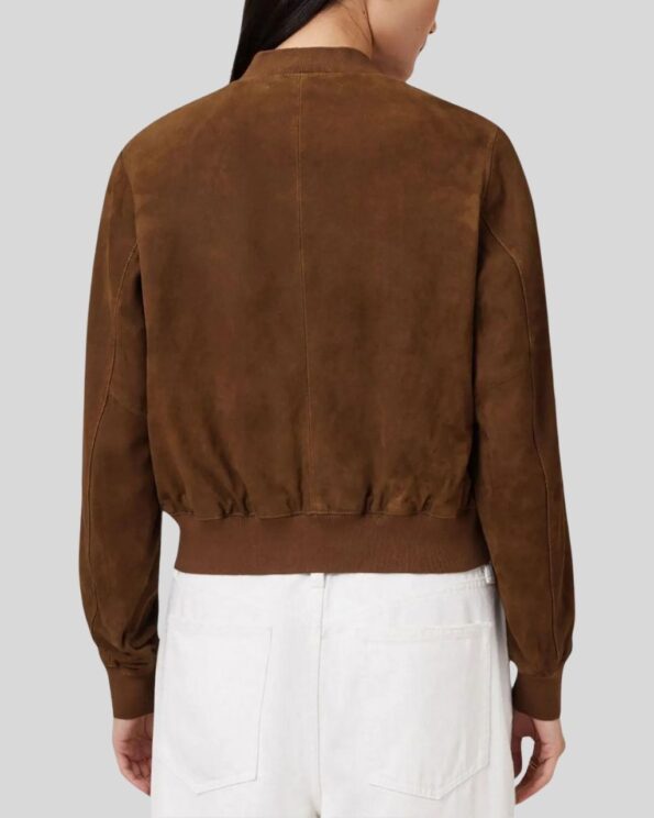Damen Braune Suede Bomberjacke Rückansicht – Elegante Wildlederjacke