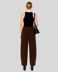 Rückansicht einer Frau in brauner Wildlederhose mit modernem Schnitt, kombiniert mit schwarzem Top, Schultertasche und Absatzstiefeletten