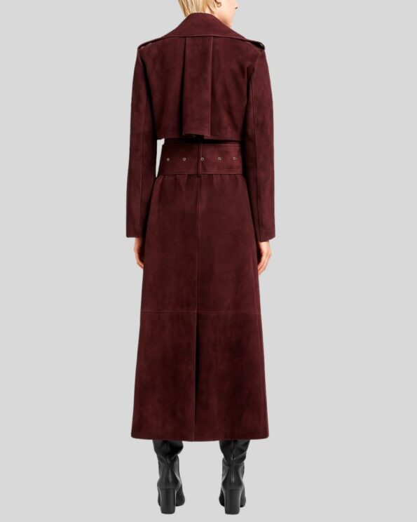 Damen Wildledermantel Bordeaux Rückansicht mit Gürtel und langem Design