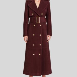 Damen Wildledermantel Bordeaux, doppelt geknöpft mit Gürtel und goldenen Knöpfen, elegantes langes Design