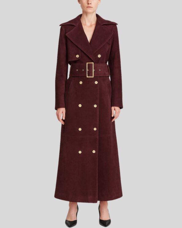 Damen Wildledermantel Bordeaux, doppelt geknöpft mit Gürtel und goldenen Knöpfen, elegantes langes Design