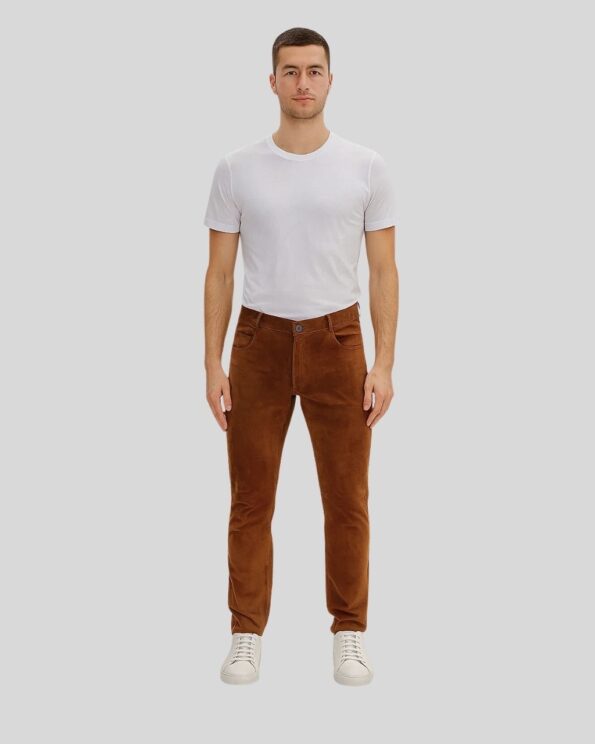 Mann trägt eine cognacfarbene Herren Wildlederhose mit weißem T-Shirt und weißen Sneakern, Ganzkörperansicht auf grauem Hintergrund